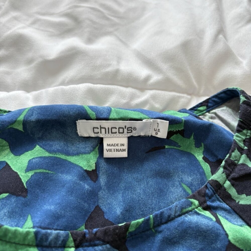 Chico's Midi Dress Womens Medium Geometric Green Black Spotted 3/4 Sleeve Silk - Picture 4 of 8
